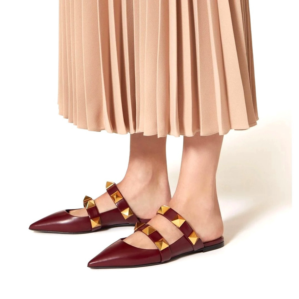 Valentino Garavani Burgundy Roman Stud Flat Leather Mules Gold 42 - Picture 7 of 7